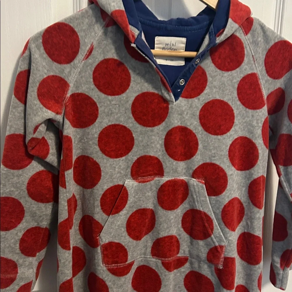 Mini Boden girls velour grey red polka‎ dots hooded dress 9/10 k7145
